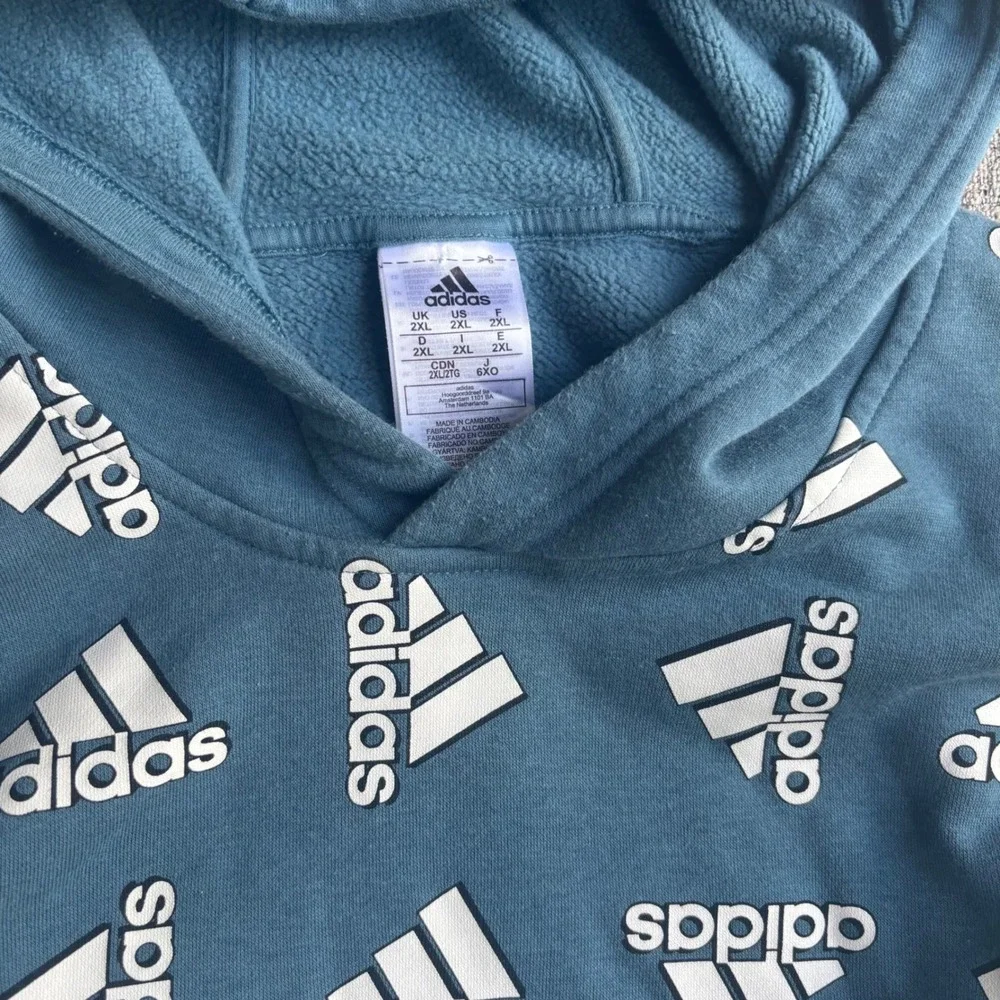 Adidas Hoodie Mens 2XL Blue All Over Print Logo Pullover Fleece Sweatshirt